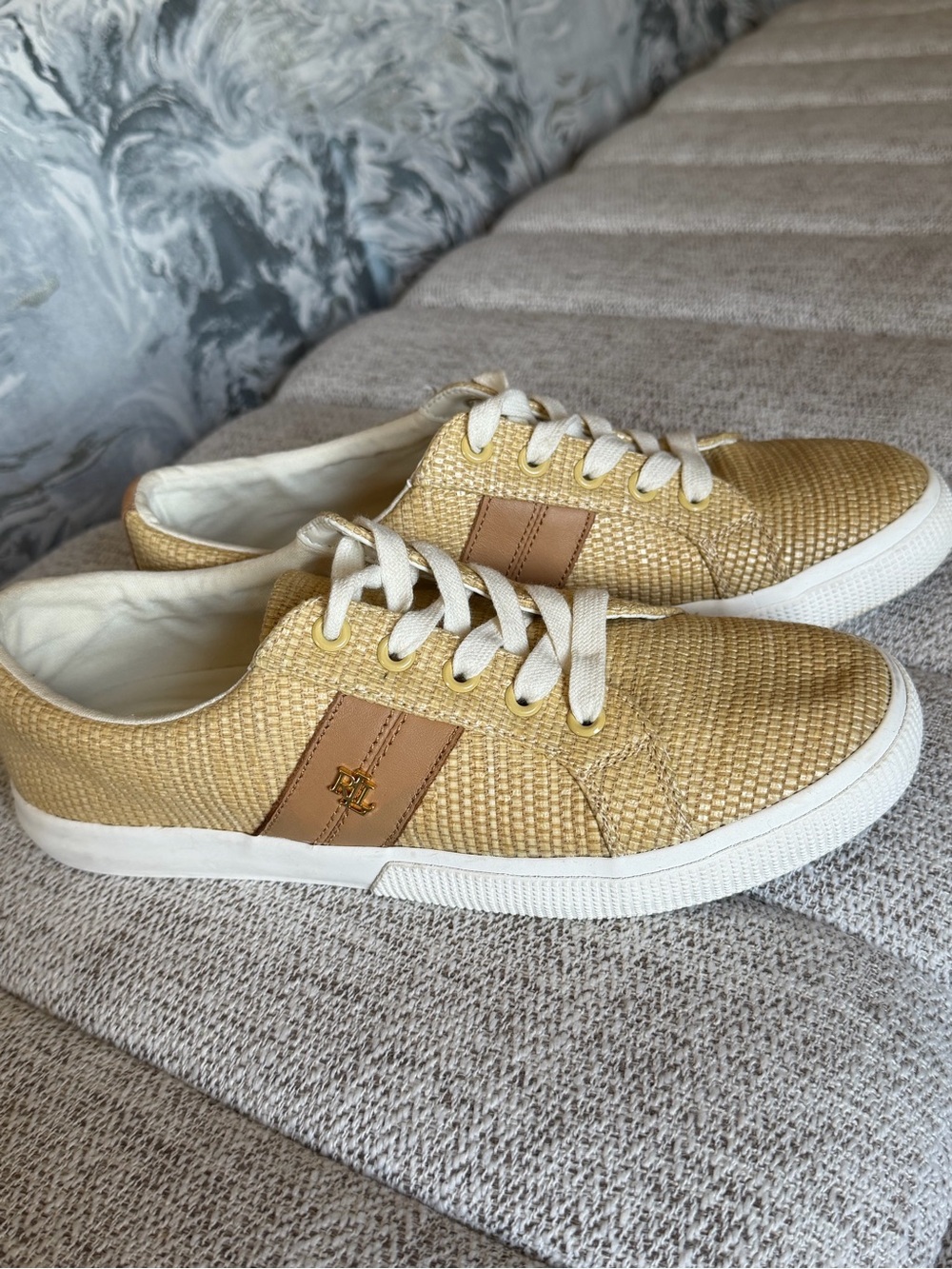 Lauren Ralph Lauren Gold Woven Low-Top Sneakers with Tan Logo Panel